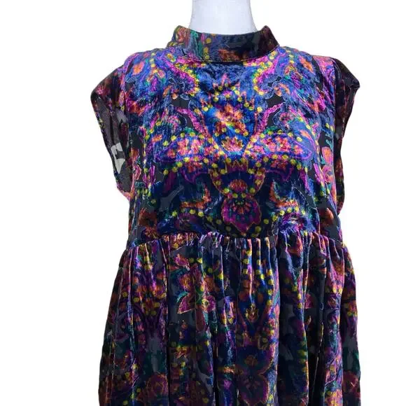 Free People Sz S All the Time Velvet Mini Dress in Dark Night Combo Boho Sexy - Picture 6 of 16